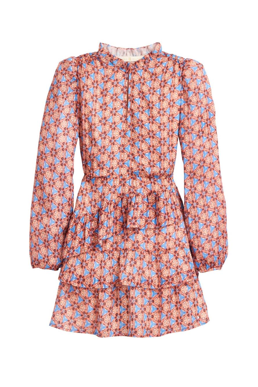 Marie Oliver Alana Floral Kaleidoscope Silk Long Sleeve Ruffled Mini Dress XXS